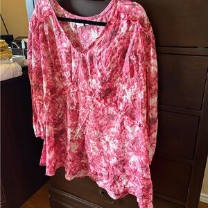 New Directions Pink and White Tie-Dye Blouse